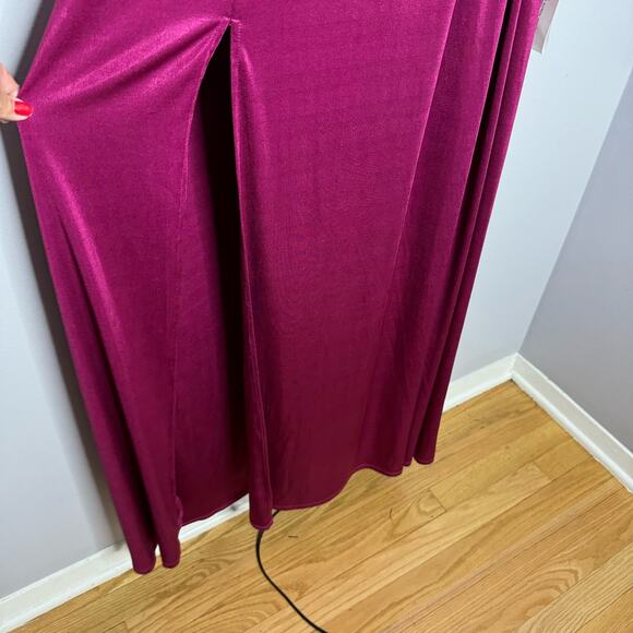 Dress The Population Krista Plunge Neck Side Slit Gown Dress Maxi Prom Magenta L - Picture 5 of 12
